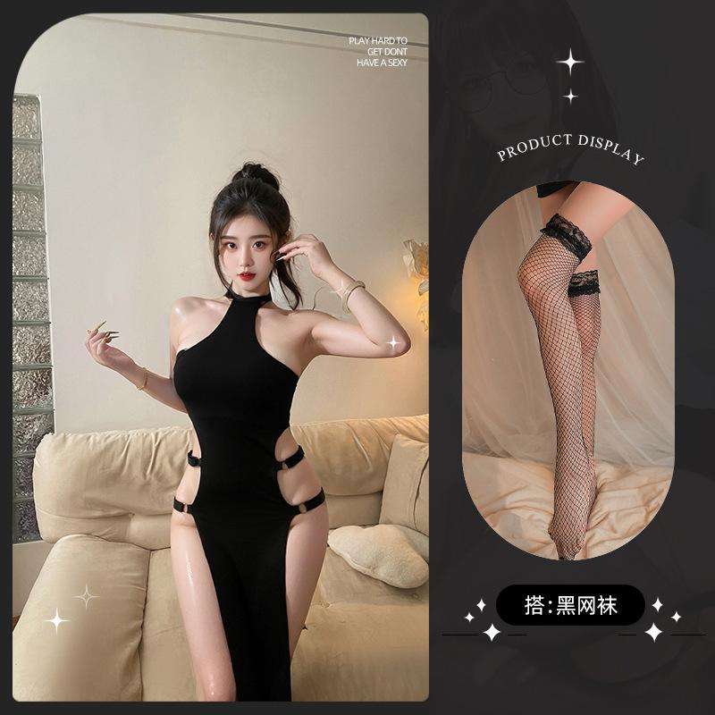 Sex Underwear Sexy Solid Color Neck Sleeveless Hollow Side Split High Waist Tights Dress Women
