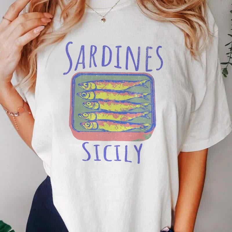 

Top Cartoon Fashion Funny Travel TShirt Womens Summer Sardine Pattern Short Sleeve Print Fashion Round Neck Regular TShirt S