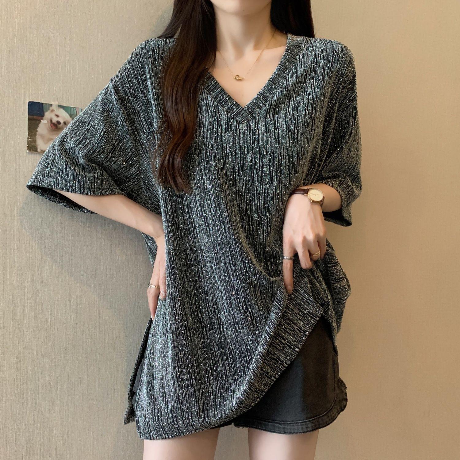 Women s Summer Loose Slimming Design Slit T-shirt V-neck Short Sleeved Top XS серый