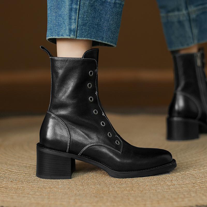 Fashion 2025 Winter Women Shoes Genuine Leather Women Boots Mid-calf Modern Boots Women Solid High Heel Boots Ladies Shoes