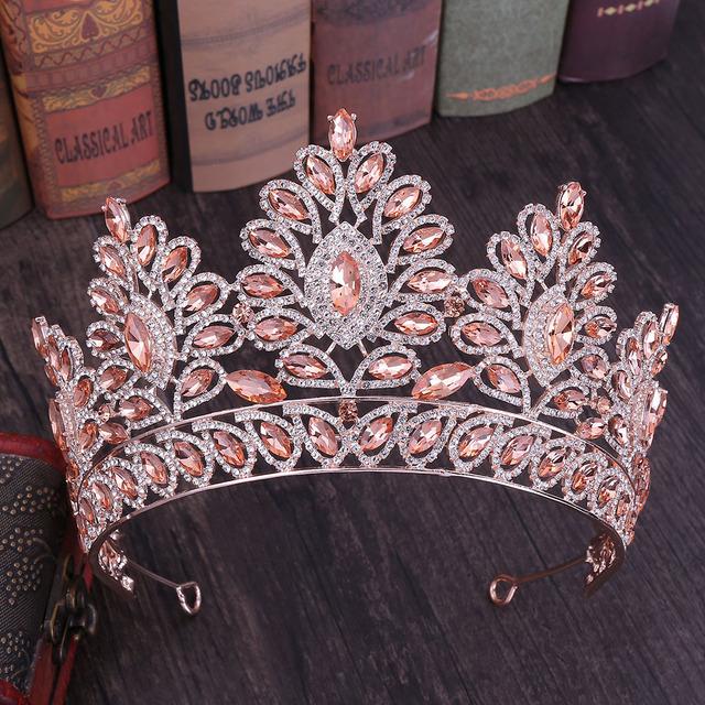 Fashion Rose Gold Peach Color Crystal Rhinestone Wedding Hair Accessories Queen Princess Diadems Women Tiara Crown Head Jewelry
