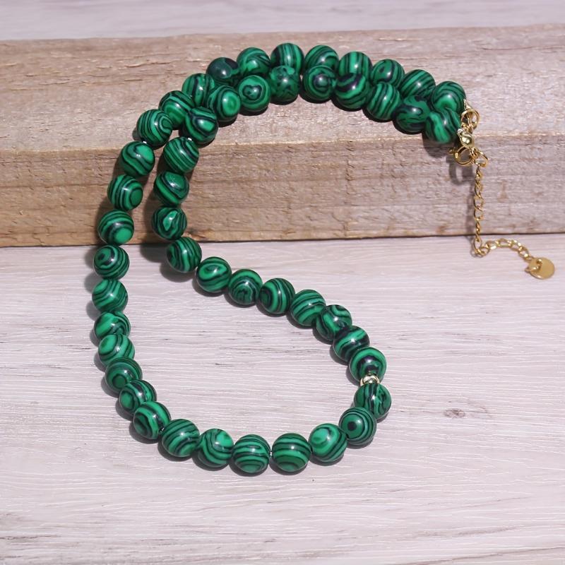 Malachite Beaded Choker Necklace with Gold Accents – Natural Stone Protection Jewelry for Women, Dainty Boho Gift