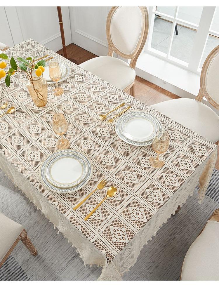 Retro Crochet Desktop Set, Countryside Style Hollow Tassel Tablecloth, Beige Fresh Square Tablecloth, Desktop, Wedding, Long Table, Dressing Table