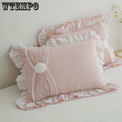 2Pcs Cotton Princess Lace Pillowcases Pure Cotton Twill Double Ruffle Pillow Cover Pillow Towel