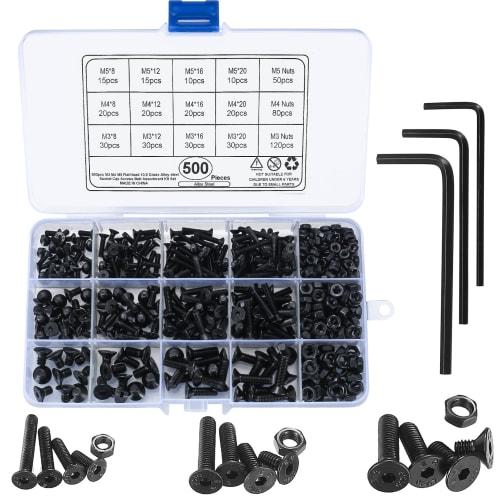500pcs M3 M4 M5 Hex Socket Flat Head Bolt Set, Hex Socket Head Bolts Set, Hex Screws, Countersunk Head Bolts, Pan Head Bolts and Nuts, Alloy Steel, Re