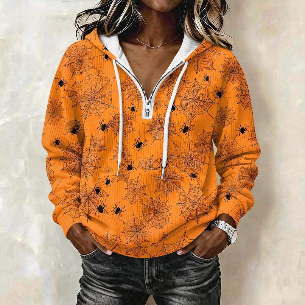 Women's Long Sleeve Halloween Print Pullover Hoodie with Drawstring Hood