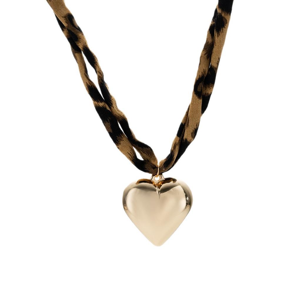 Leopard Print Choker Necklace For Women, Gold-Tone Alloy Heart Pendant Necklace, Vintage Boho Fabric Chain Statement Jewelry For Daily Wear & Gifting