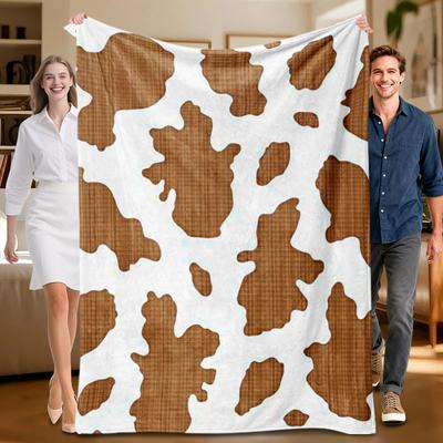 1 Piece Cow Print Brown and White Flannel Blanket Soft Suitable for Sofa Bed Office Allseason Use