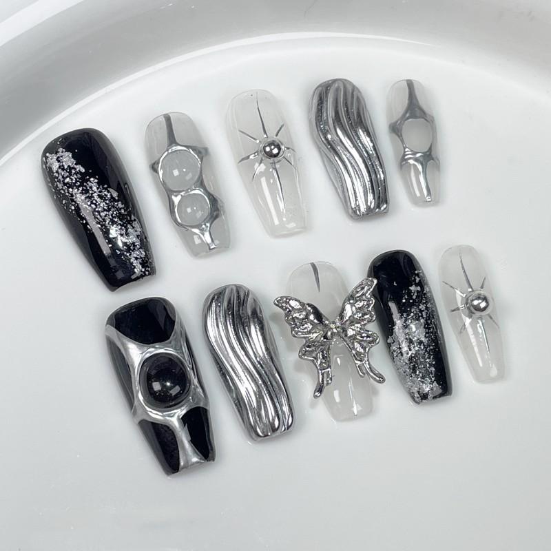Stylish Matte Metallic Press-On Nails With Butterfly Relief Design Medium Length Reusable Fake Trendy Girls