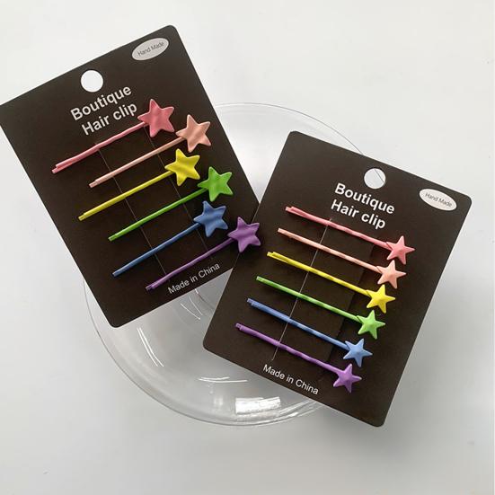 6Pcs Girl Hairpins Baking Paint Process No Peeling Stable Grip Metal Clip Base Hair Pins Star Heart Bowknot Decor Candy Color Hair Clips