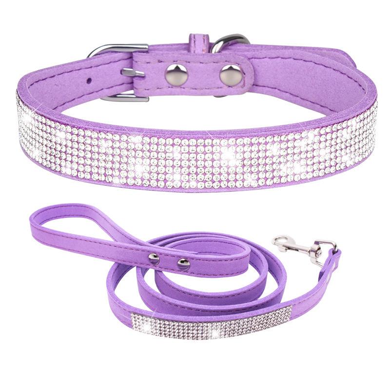 Pet Collar Shiny Rhinestone Dog Collar Small and Medium Dog Chain Walking Leash Microfiber Cat Collar Leash Set