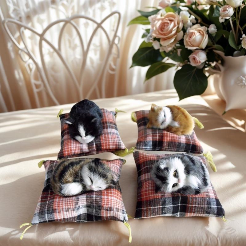 Realistic Sleep Cats Doll Plush Furry Animal Statue with Soft Mat Bed Stuffed Pet Doll for Kids Adults Birthday Gift