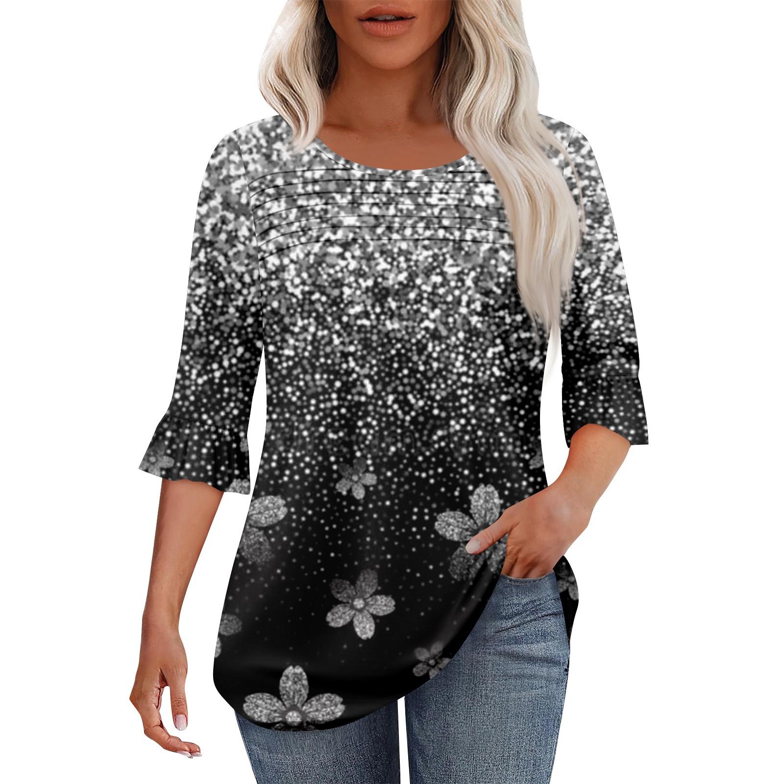 

Женская мода круглый вырез шея плиссированный спереди напечатанные точки расклешенный топ рукав 3/4 XXL серебряный