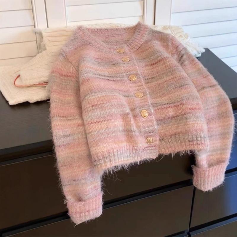 

Рожевий смугастий мохеровий светр в язаний кардиган жіночий осінь та зима зимовий м який восковий маленький короткий одяг товсте пальто one size fits all рожевий