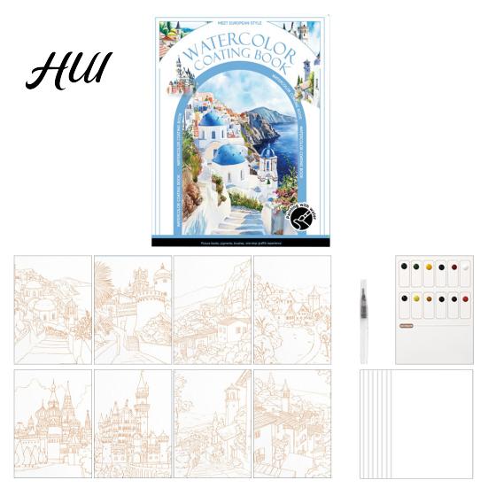 Travel Watercolor Painting Kit Portable Gouache Book Tri-Fold Design Pad Set with Art Creation 12 Color Grids Ergonomic Brush Stress Relief All-in-one