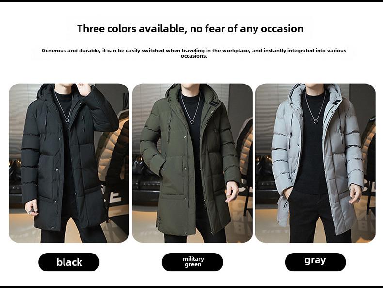 Men's Solid Color Hooded Cotton Jacket – Mid-Length, All-Match Winter Coat