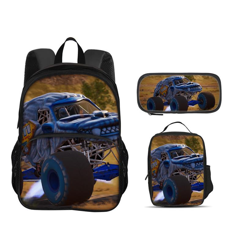 Monster Jam Round Front Bag Backpack Pen Bag Ice Bag 3Pcs Set Cartoon Print Student's Best Campus Companion Birthday Gift