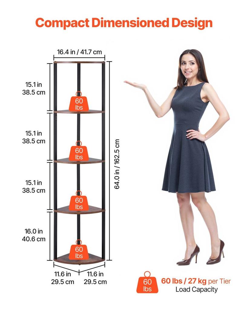 Scaffale Angolare a 5 Piani, Supporto Angolare Alto con Luce LED, Organizzatore Torre Scaffali a Muro con Telaio in Metallo e Ripiani in Legno, Stretto Espositore per Libri
