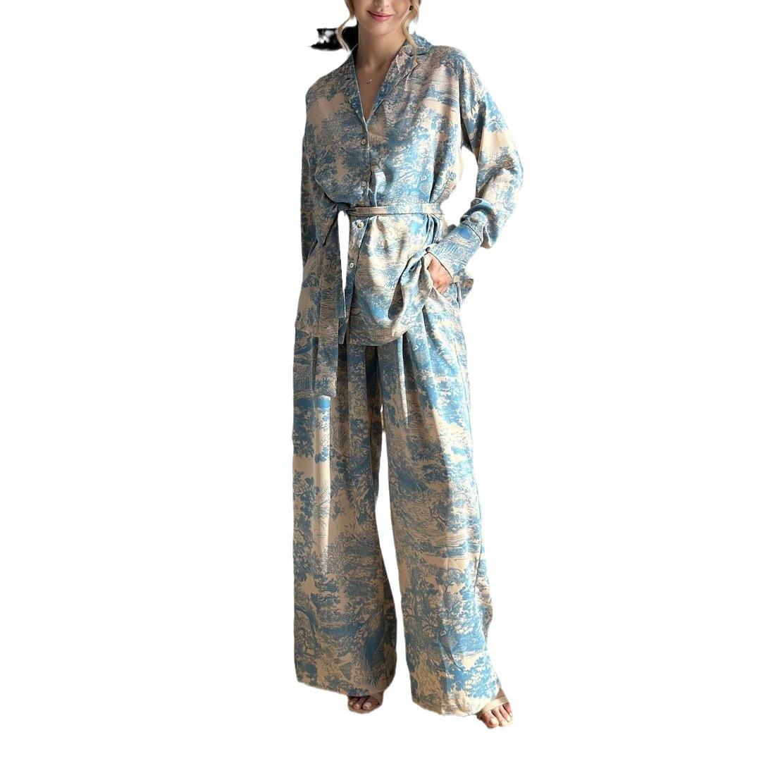 

Long Sleeve Tie Waist Shirt and High Waist Wide Leg Pants Set French Style Printed Two Piece Outfit for Women Casual Comfortable Fit L синий