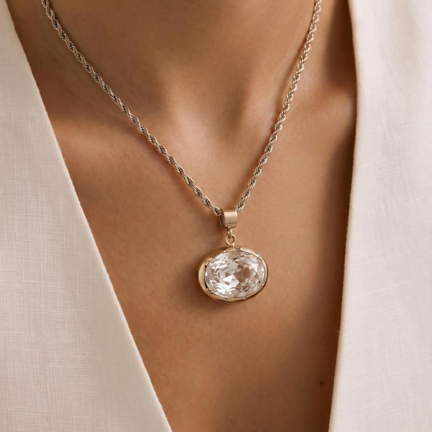 CE Certificate Stainless Steel PVD 18k Gold Plated AAA Oval Zircon Pendant Open Choker Cuff Torque Necklace East West Jewelry
