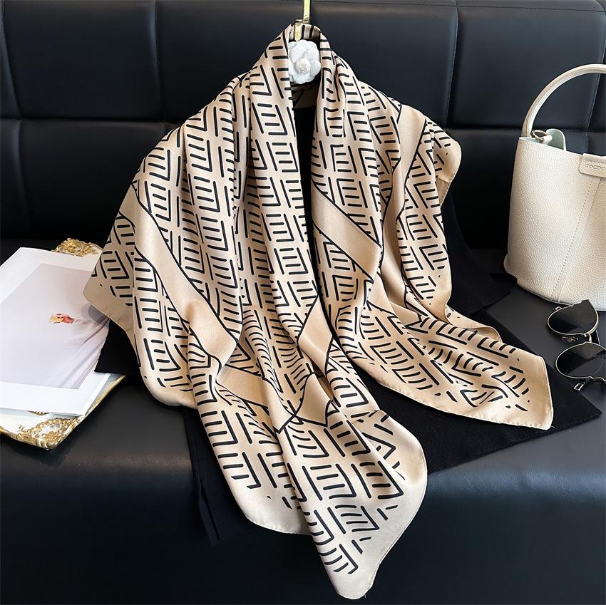 Women's Retro Twill Silk Scarf - 90cm Versatile Shawl for Travel & Sun Protection