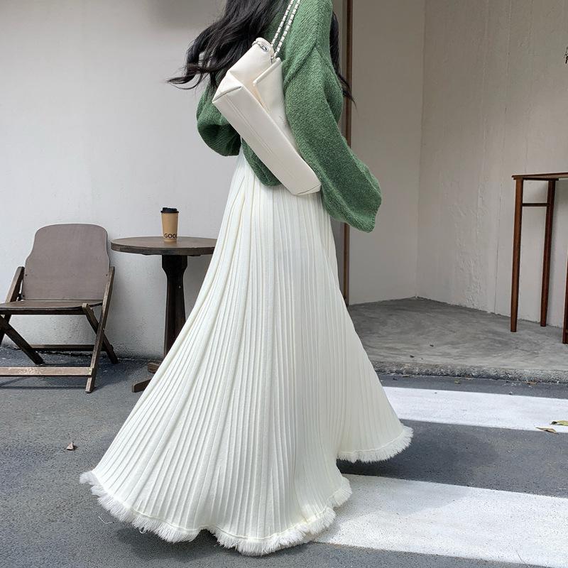 Höst/Vinter Tofsstickad Veckad A-linje Midi-kjol: Figursmickrande och höfttäckande