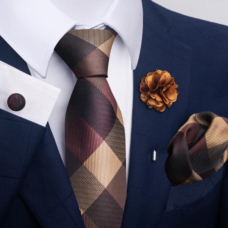 Brown Paisley Men's Tie, Pocket Square, Cufflinks & Boutonniere Set for Business Formal Wear.