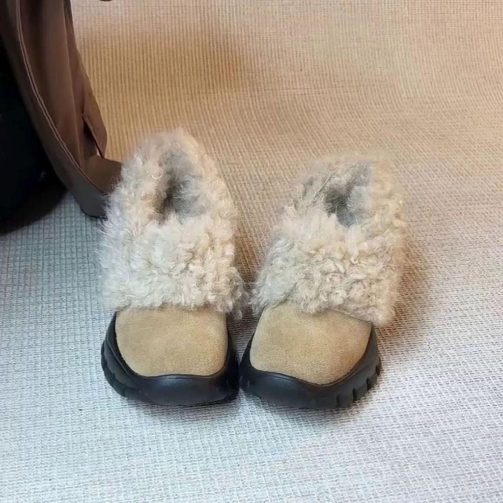 Sheepskin Version Small Fashion Commuter Thick-soled Fluffy Shoes Women's One-pedal Leather Casual Leather Cotton Shoes Single Shoes