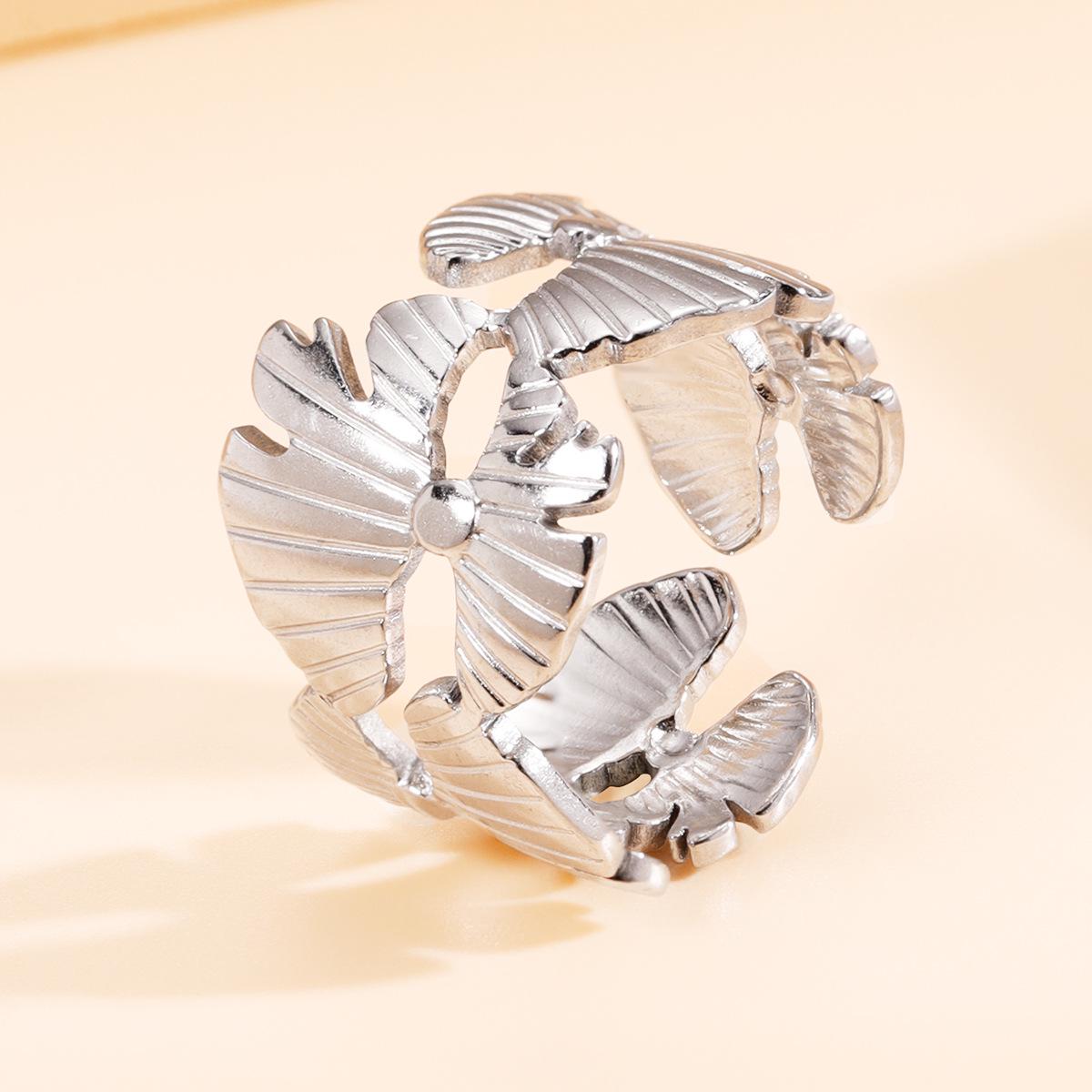 Elegant French-Inspired Stainless Steel Leaf Ginkgo Flower Open Ring for Women