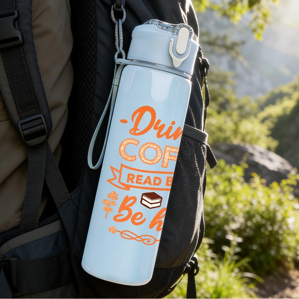 1PC Drink Coffee Be Happy Letter 750ml Color Plastic Sports Water Bottle Leakproof Flip Straw Lid Suitable for Sports Office Home Use