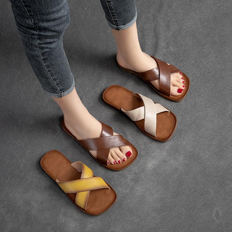 Fashion 1.5CM Literary Style Women Flat Slippers Summer Cross Genuine Cow Leather Open Toe Slip On Slippers Low Heel Casual Slides