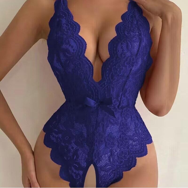Erotic lingerie opening halter neck one-piece pajamas lace-up bow back open lace sexy pajamas woman