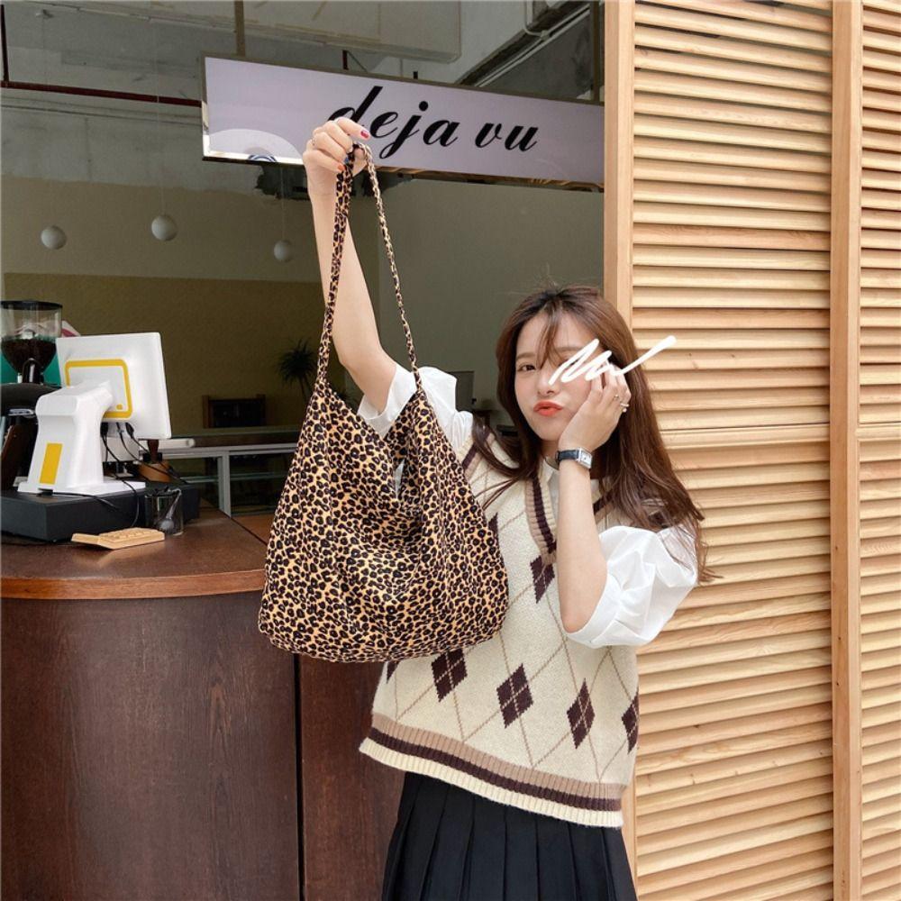 Large Capacity Leopard Print Handbag Printed Canvas Shoulder Bag Simple Canvas Crossbody Bag  Class
