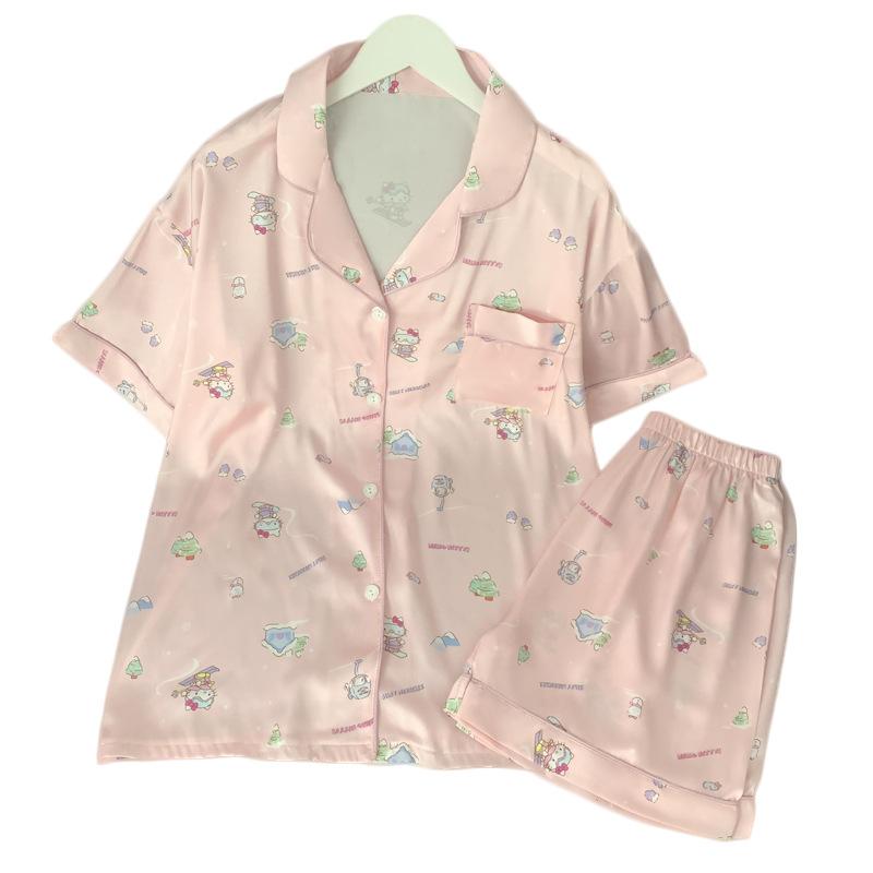 Sweet And Cute Wind Cartoon Ice Silk Pajamas Girl Summer Short-Sleeved Silk Cool Loungewear Suit