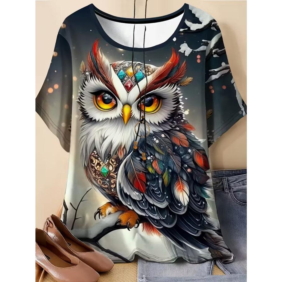 XL-7XL Plus Size Women's Casual Owl 3D Print Loose Round Neck Short Sleeved T-shirt Top