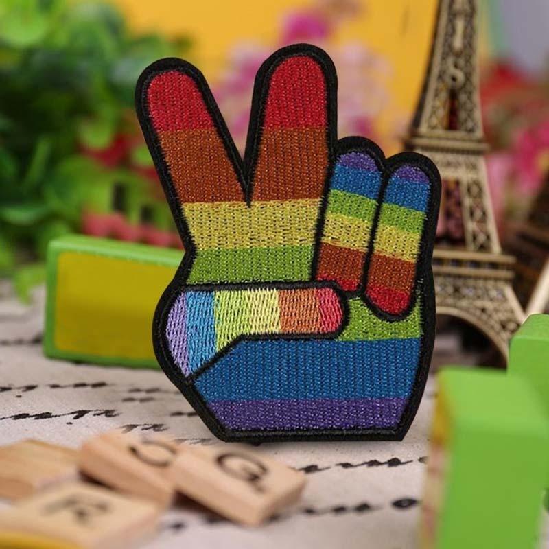 2Pcs Rainbow Peace Sign Hand Victory & LGBT Pride Peace Fingers Embroidered Patch Iron On Applique
