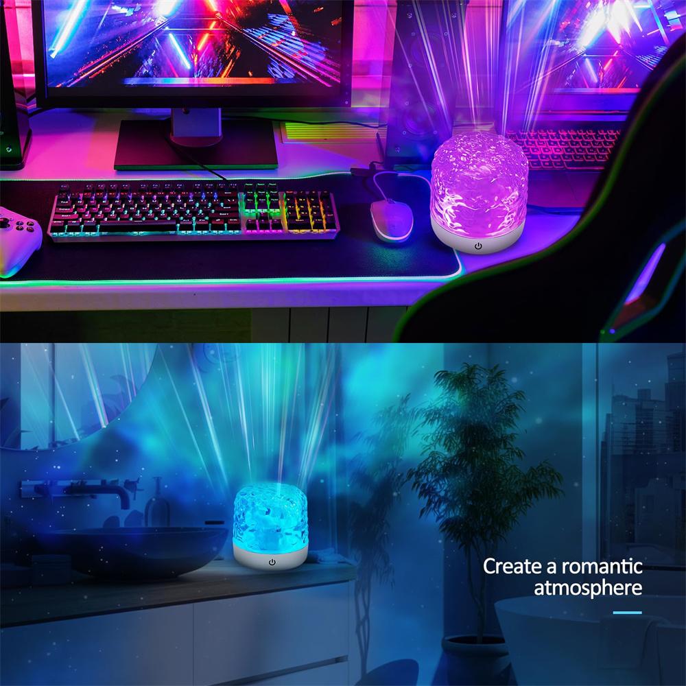 16 Color LED Water Ripple Projector Night Light Remote Control Bedroom Bedside Decorative Ambient Lamp RGB Dimmable Crystal Lamp