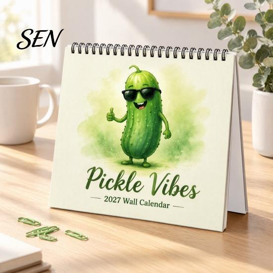 Creative Wall Art Planner Pickle Calendar 2027, Funny Pickled Cucumber Illustrations 12 Spiral Bound Monthly Month Planner, Hanging for Home,