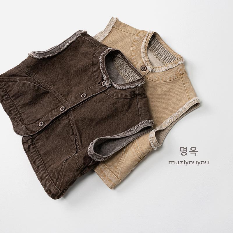 Vintage Unisex Kids Solid Sleeveless Cardigan Vest Casual Baby Outerwear