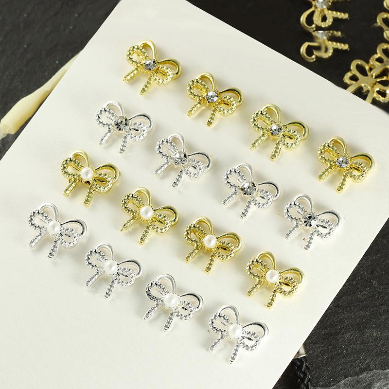 10 Pcs Bow Nail Charms Alloy Pearls Bowknot Decoration For Manicure Diy Accessories Parts Ribbon Gold Silver Nail Parts Jewel