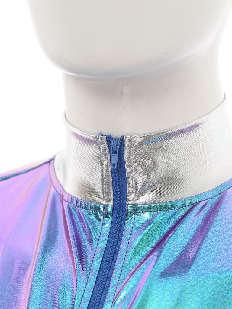 Herren glänzender metallischer ärmelloser Reißverschluss Ganzkörper-Jumpsuit Bodysuit