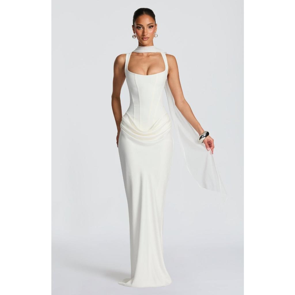 Women's Long Sleeve Slim Fit Corset Strappy Solid Bodycon Maxi Dress, Casual Pure Aesthetic Evening Dress for Europe America
