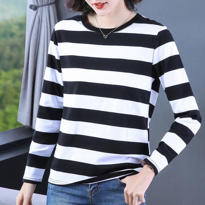 

Женская полосатая футболка с длинным рукавом большого размера: 2023 Облегающий свободный крой для осени/весны Large (L)