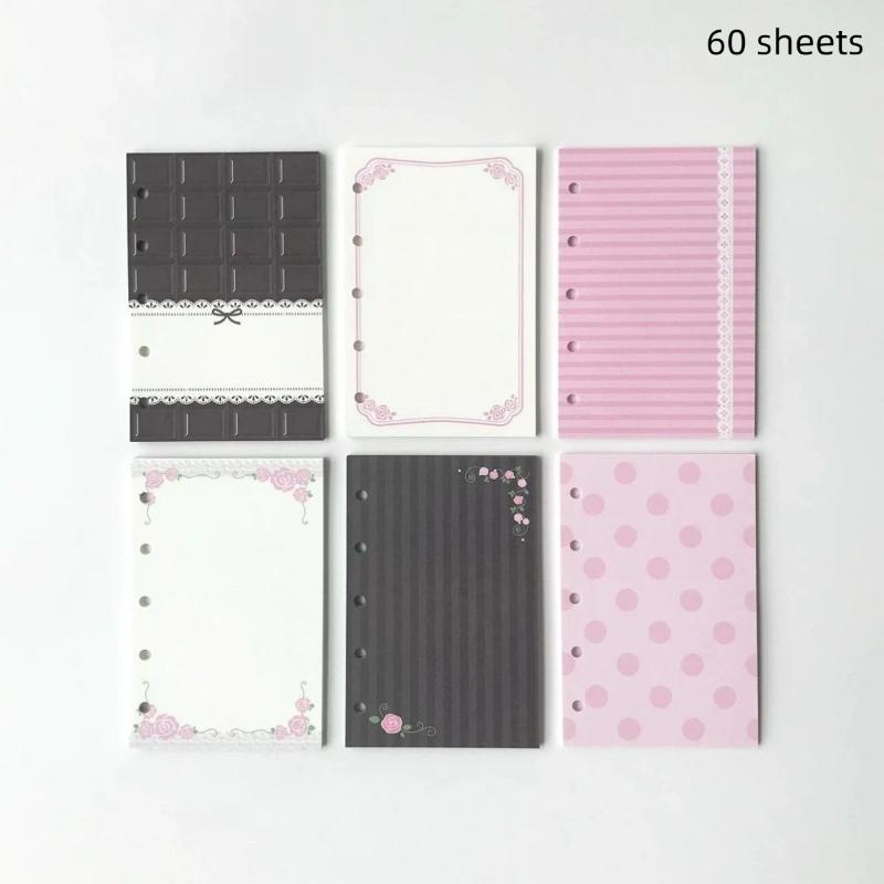 Æstetisk 6-huls ringbind påfyldningspapir 60 ark 6 designs M5 løse ark planlæggerindsats Pink Brun Journal sider