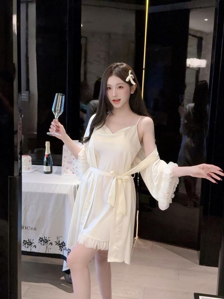 Summer New Ice Silk Nightgown Female Sexy Pure Desire Sweet Princess Style Thin Suspender Nightgown Loungewear Two-piece Set