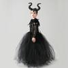 2-10Yrs Maleficent Girl Evil Queen Black Tutu Dress with Feather Scarf Halloween Villain Party Gothic Costume Gown Vestidos