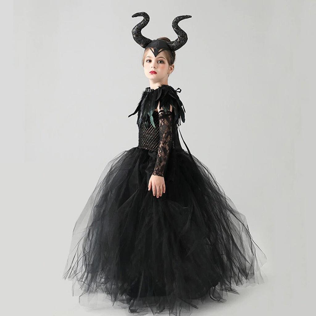 2-10Yrs Maleficent Girl Evil Queen Black Tutu Dress with Feather Scarf Halloween Villain Party Gothic Costume Gown Vestidos