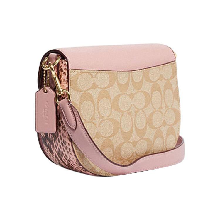 New COACH Morgan Canvas With Sheepskin Saddle Bag Shoulder Bag Crossbody Bag Small Size Women's Khaki Monogram & Pink CF410-IMSWZ