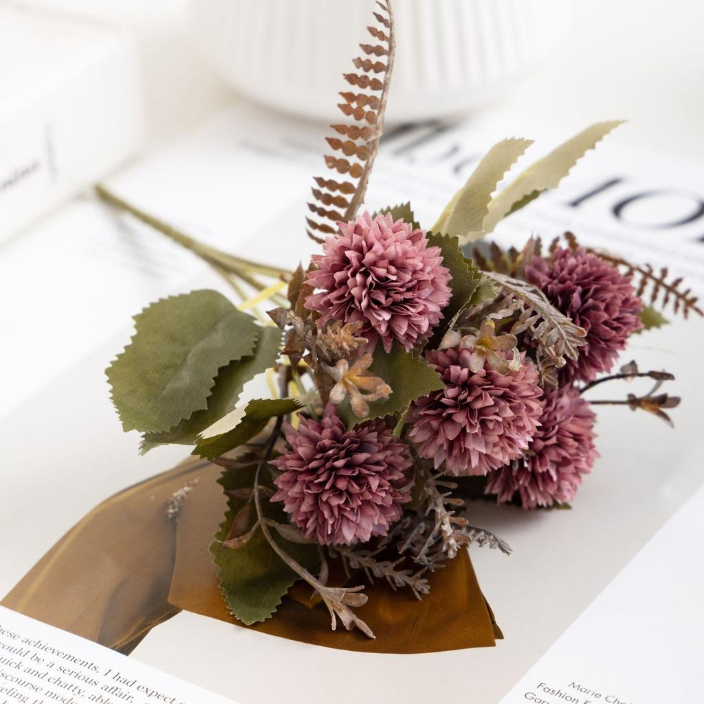 1PC Vintage-style artificial ball chrysanthemum bouquet; table centerpiece; faux flowers for living room; home decor; party decoration.