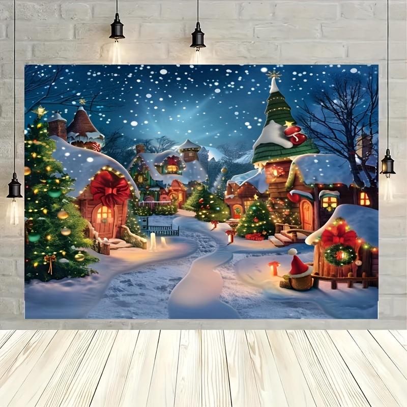 1 Banner de fundo para fotografia de Vila de Natal - Cena de inverno com neve de árvores de cedro, poliéster multiuso, multifuncional